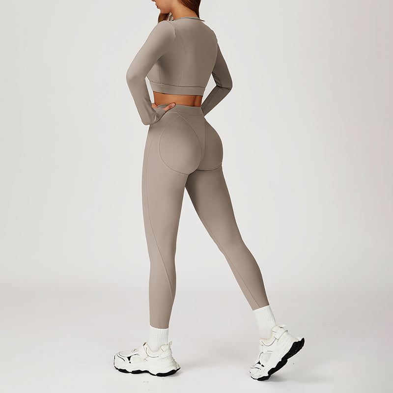 Round-neck long-sleeve high-waist fitted top+HIGH WAIST LEGGINGS 2-PIECE SET