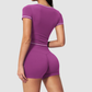 Wholesale Women's Seam-Detail Short Sleeve Crop Top + High-Waist Shorts Set – Butt-Lifting Yoga Gym Activeweare