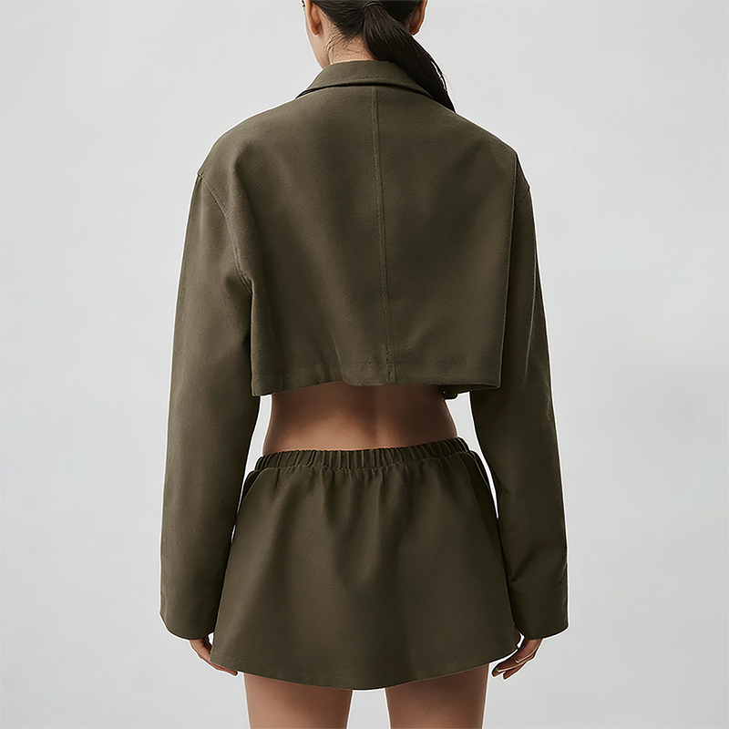 Wholesale Cotton-Blend Drawstring Zip Jacket & Mini Skirt Set – 2-Piece Casual Sports Matching Set