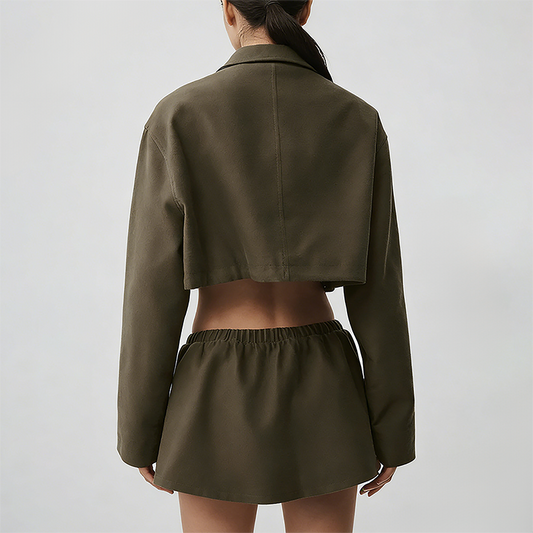 Wholesale Cotton-Blend Drawstring Zip Jacket & Mini Skirt Set – 2-Piece Casual Sports Matching Set