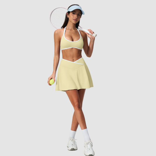 Wholesale Women's Color Block Sports Bra & Anti-Exposure High-Waist Mini Skirt Set – Naked Feel Yoga Gym Activewear