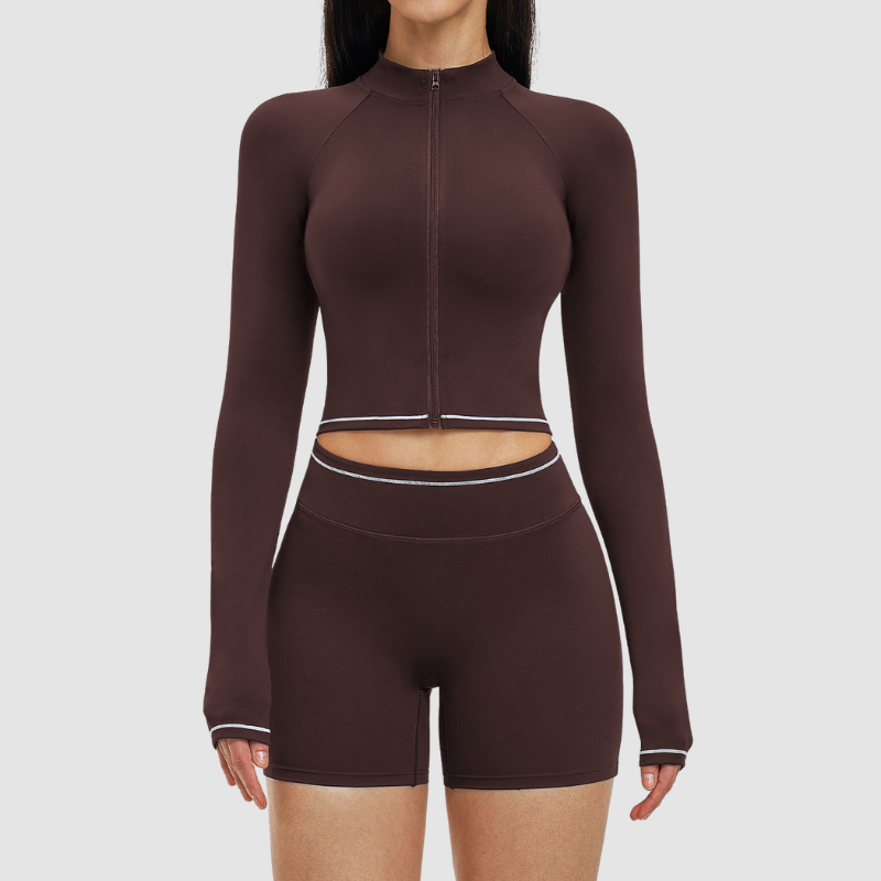 Wholesale color-blocked stand-collar zippered jacket + high-waisted tight shorts