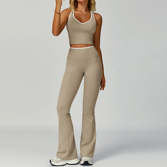 Topp-canotta a colori in contrasto + pantaloni gambe svasati set a 2 pezzi