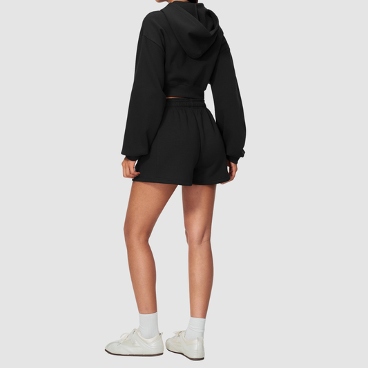 Wholesale Women's Relaxed Fleece-Lined  Zip Up Hoodie & Sweat Shorts Set