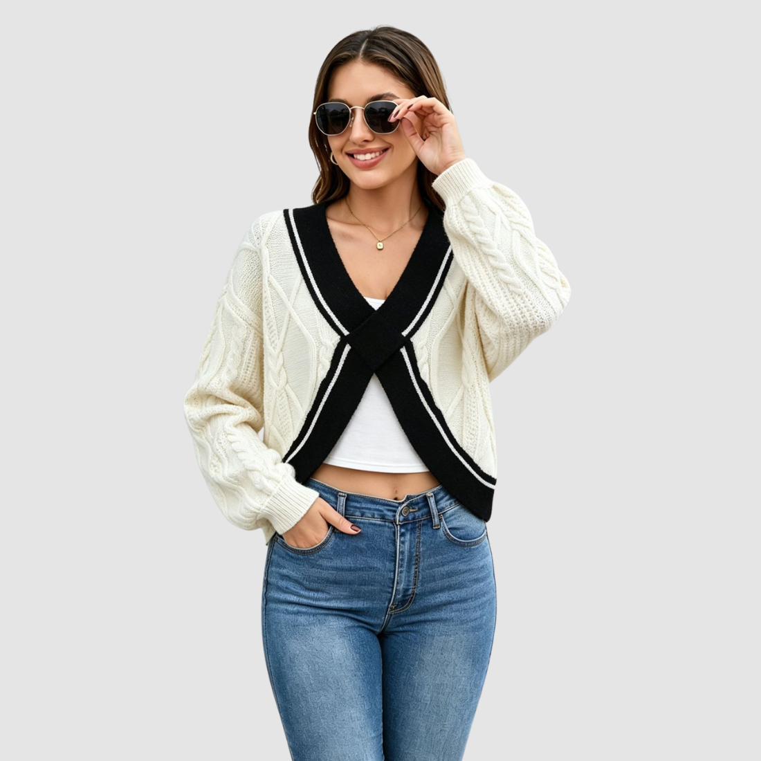 Wholesale Women’s Contrast V-Neck Cropped Knit Sweater