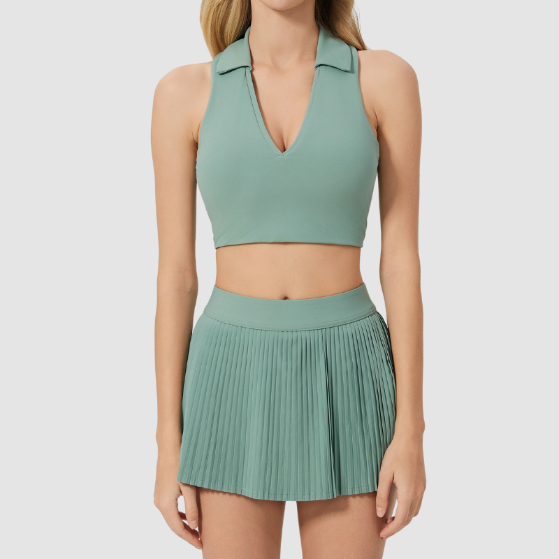 Wholesale Polo Collar Sports Bra + Pleated Tennis Skirt 2 Piece Set