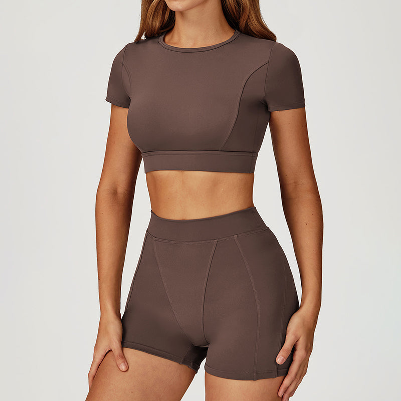 Round-neck short-sleeve high-waist fitted top+High-waist shorts 2-PIECE SET