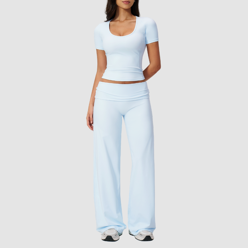 Wholesale Seam-Detail Cropped T-Shirt & Folding waist Flare Leggings Set
