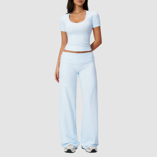 Wholesale Seam-Detail Cropped T-Shirt & Folding waist Flare Leggings Set