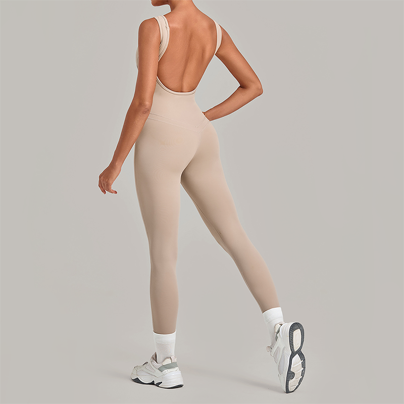 Wholesale Women's Brushed Yoga Jumpsuit – Open-Back Slim Fit Athletic Bodysuit w/ Chest Pad