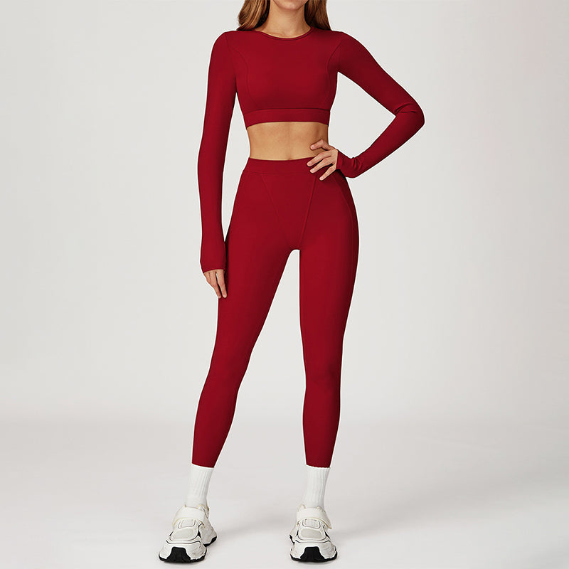Round-neck long-sleeve high-waist fitted top+HIGH WAIST LEGGINGS 2-PIECE SET