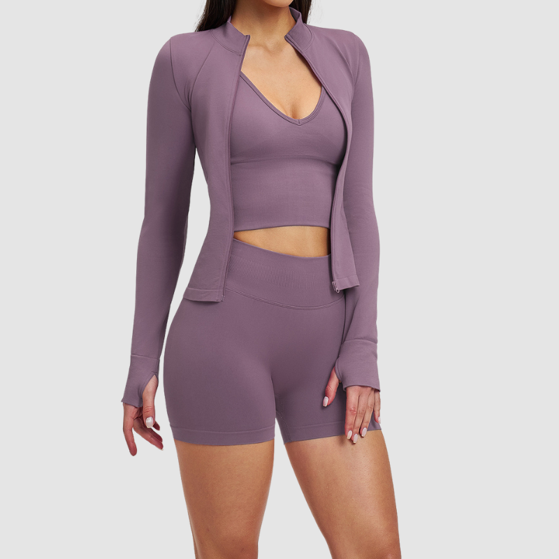 Wholesale cross shoulder strap bra+shorts+jacket 3-piece | Wonderxfans bulk activewear