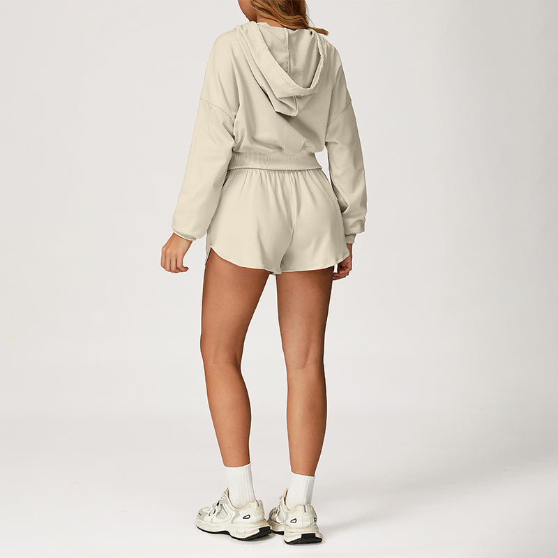 LOOSE HOODED AND FULL ZIPPER SWEATSHIRT + DRAWSTRING SHORTS 2 PIECES SET