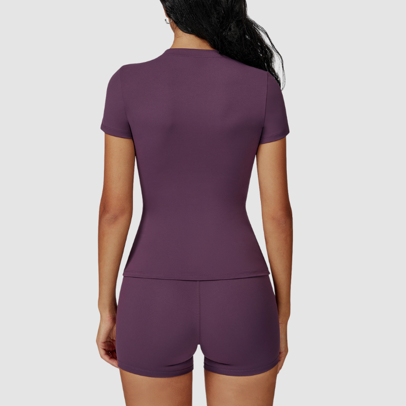 Manga corta cepillada y tapa de yoga redondo de cuello