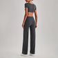 Wholesale Women's Short Sleeve Exposed Back Bra+Naked Feel Straight Leg Pants Yoga Set