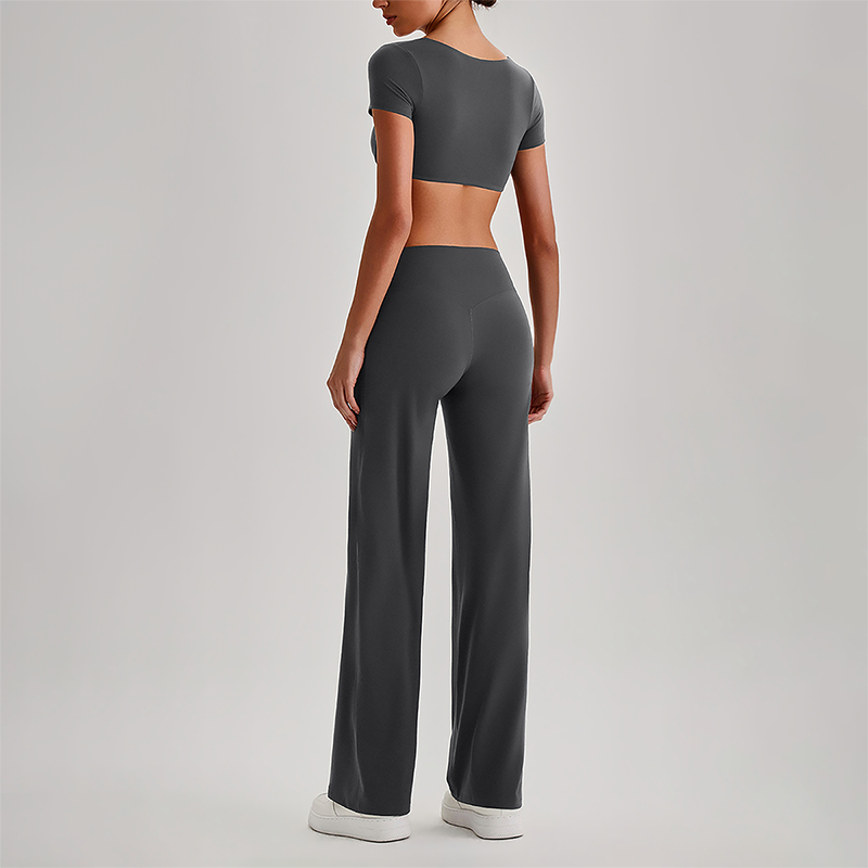 Wholesale Women's Short Sleeve Exposed Back Bra+Naked Feel Straight Leg Pants Yoga Set
