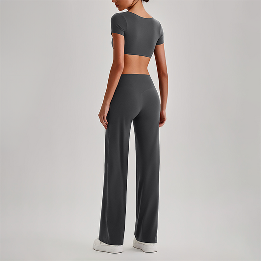 Wholesale Women's Short Sleeve Exposed Back Bra+Naked Feel Straight Leg Pants Yoga Set