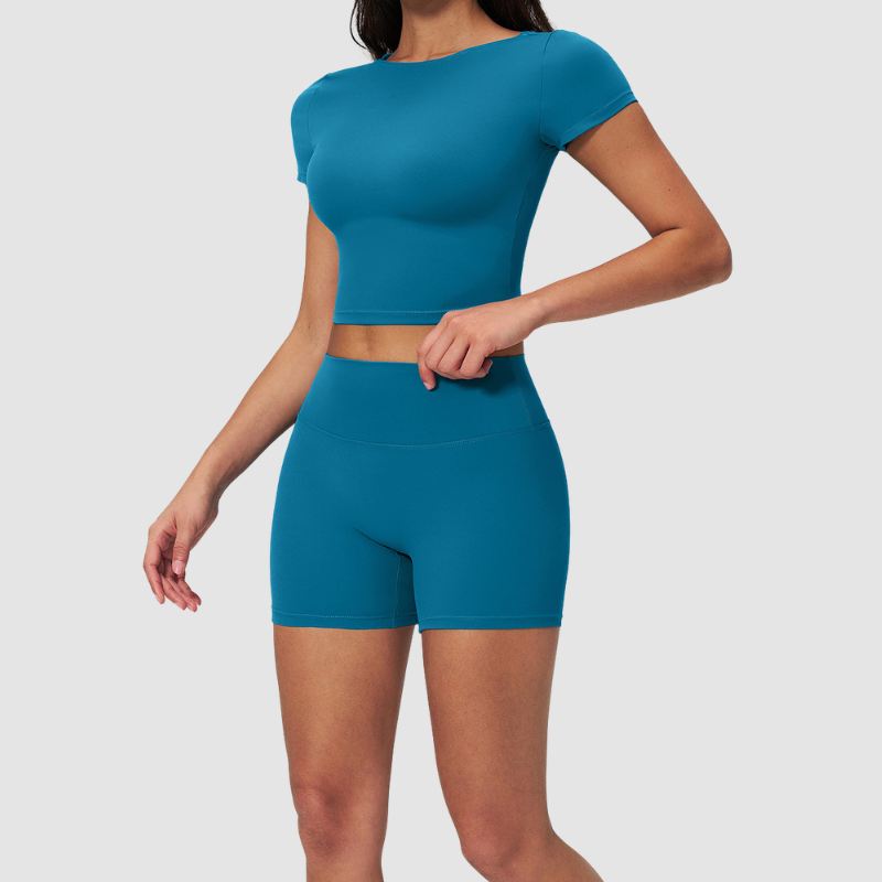 Wholesale Seam-Detail Cropped Short-Sleeve Top & High-Waist Biker Shorts Set – Brushed Yoga 2-Piece