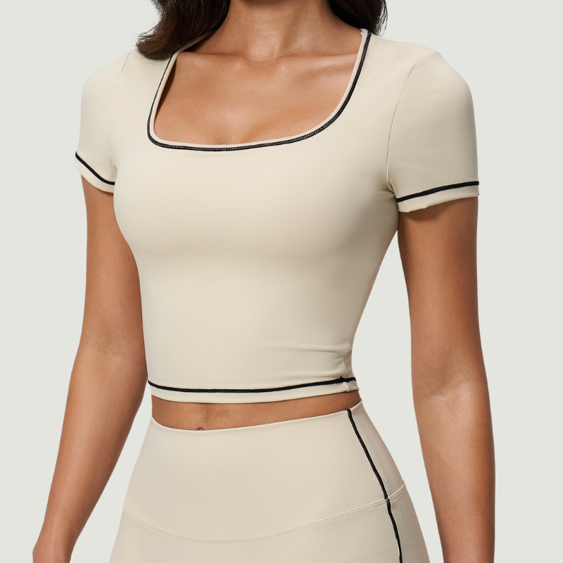 Wholesale Women's Seam-Detail Colorblock Short Sleeve Crop Top – Butt-Lifting Yoga Gym Activewear FDX2036