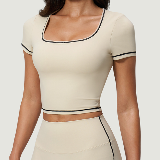 Wholesale Women's Seam-Detail Colorblock Short Sleeve Crop Top – Butt-Lifting Yoga Gym Activewear FDX2036