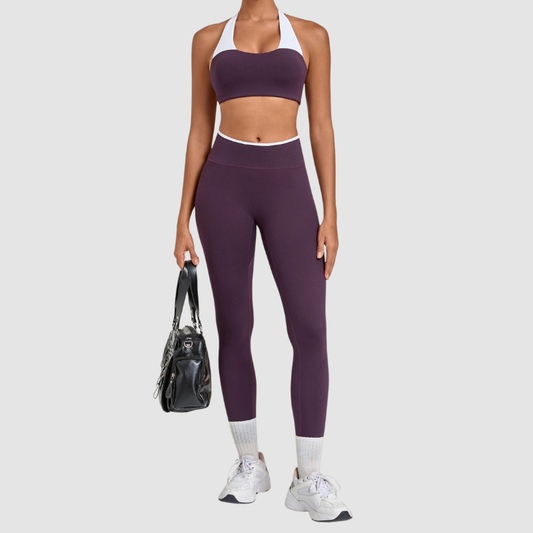 Wholesale Halter Neck Colorblock Yoga Set Sports Bra & Leggings – Naked Feel with Pocket