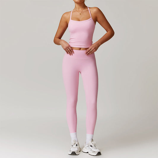 Brushed cross back yoga tank top + High-waisted leggings 2-piece set