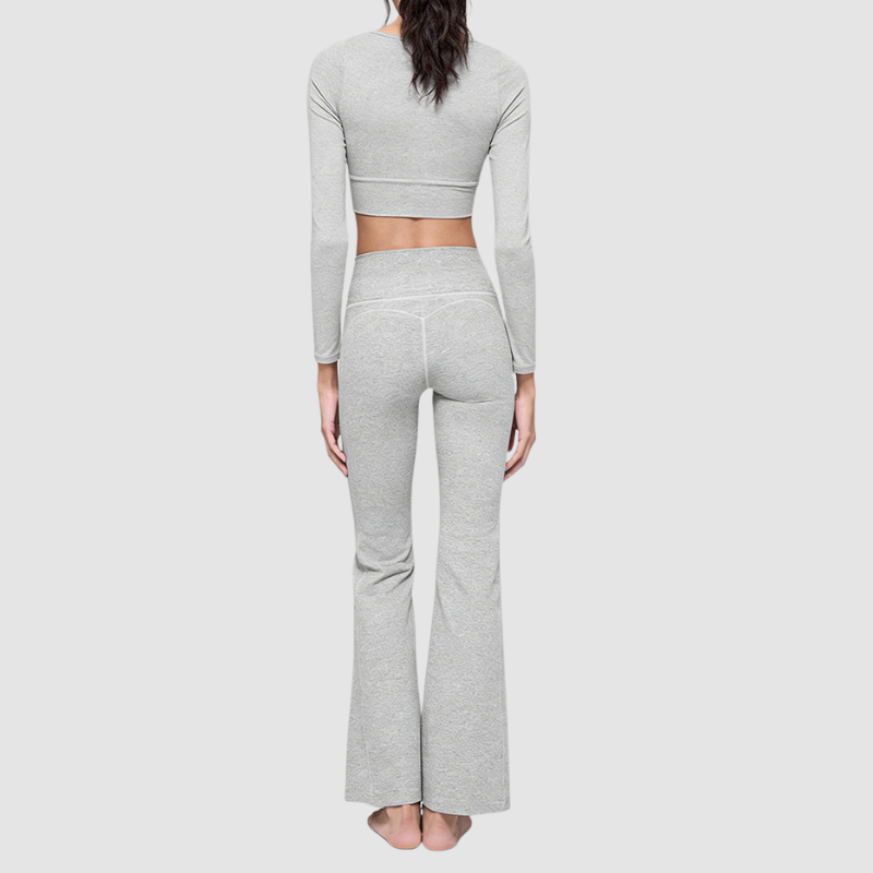 Wholesale Women's Cationic Long Sleeve Top & Wide-Leg Pants Set – Draped Yoga Set
