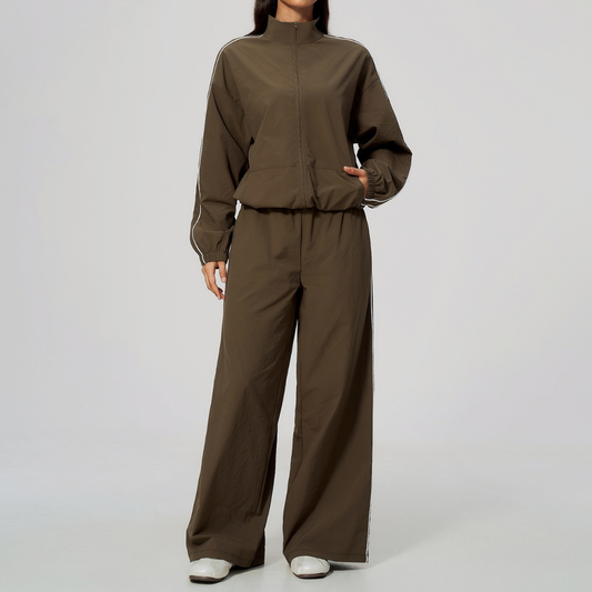 Wholesale Women's Stand-Collar Zip Jacket and Wide-Leg Long Pants Set