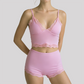 Wholesale Women's Lace V-Neck Cami Yoga Set – Built-in Bra High Waist Shorts Lounge Set