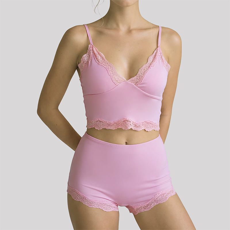Wholesale Women's Lace V-Neck Cami Yoga Set – Built-in Bra High Waist Shorts Lounge Set