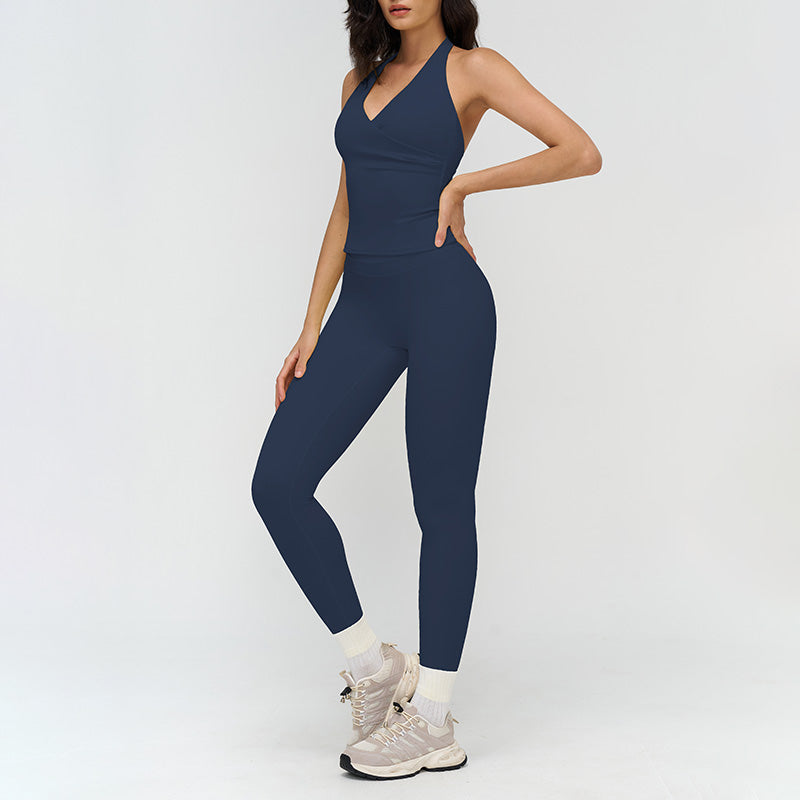 Halter neck backless tank top + high-waisted leggings 2-piece set
