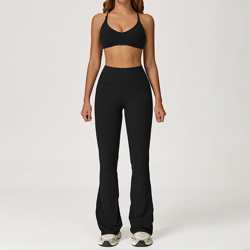 Cross-Back Sports Bra + Flared Leg Pants 2-Piece Set