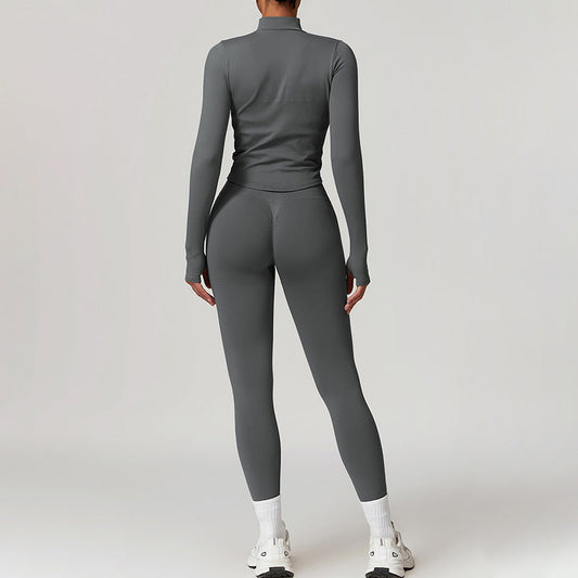 Seamless Long Sleeve Full Zipper Jacket + leggings 2-piece Set