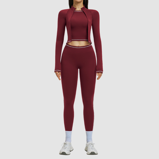 Color blocking nude sports jacket+Sport Bra+Legging running fitness 3-piece set
