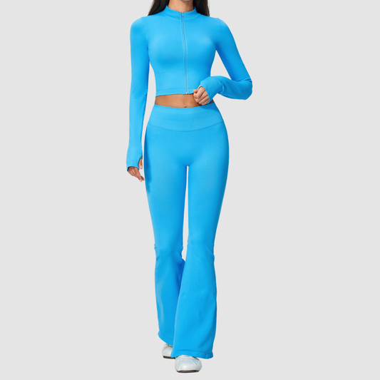 Wholesale Women's Stand-Collar Zip Jacket & Flared Yoga Pants Set