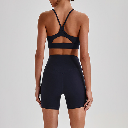 Wholesale Brushed Naked-Feel Open-Back Sports Bra & High-Waist Shorts Set – Sculpting Yoga 2-Piece