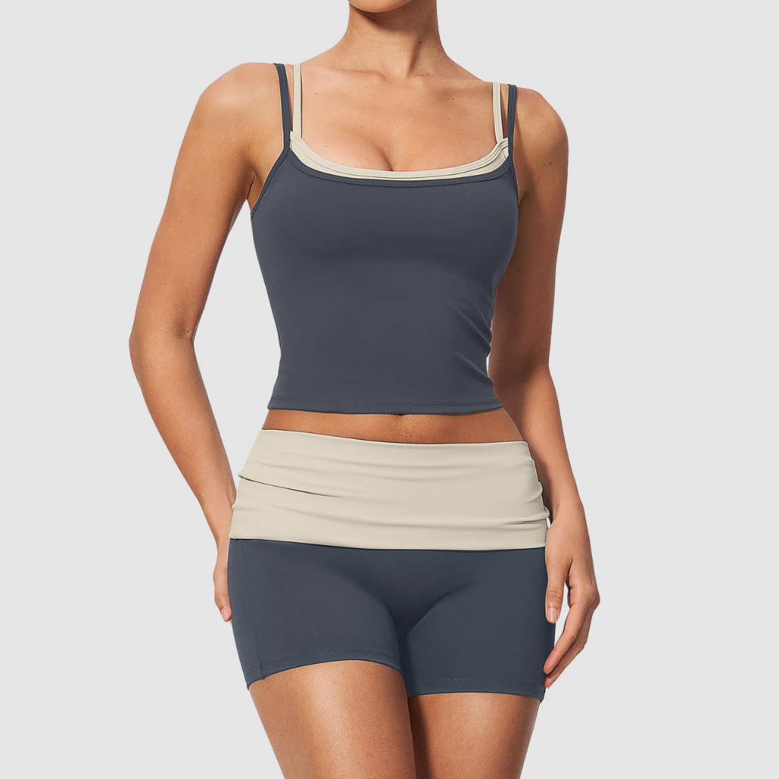 Wholesale Contrast Color Faux Two-Piece Yoga Set – Tummy Control Fitness Outfit