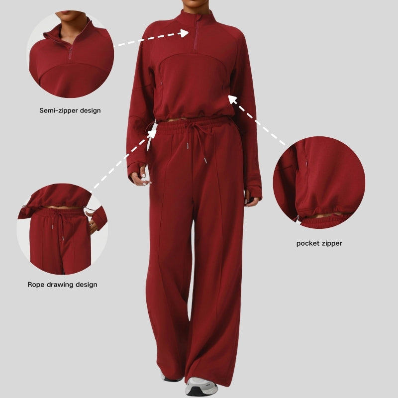 Thick half-zip sweatshirt + drawstring wide-leg pants 2-piece set