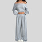 One-shoulder short sweatshirt + drawstring loose sweatpants 2-piece set