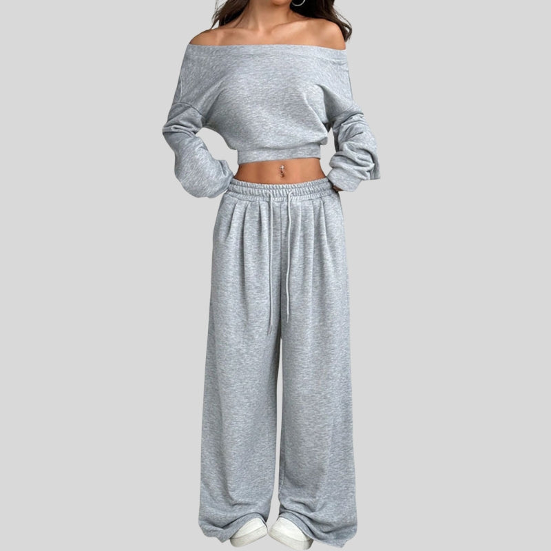 One-shoulder short sweatshirt + drawstring loose sweatpants 2-piece set
