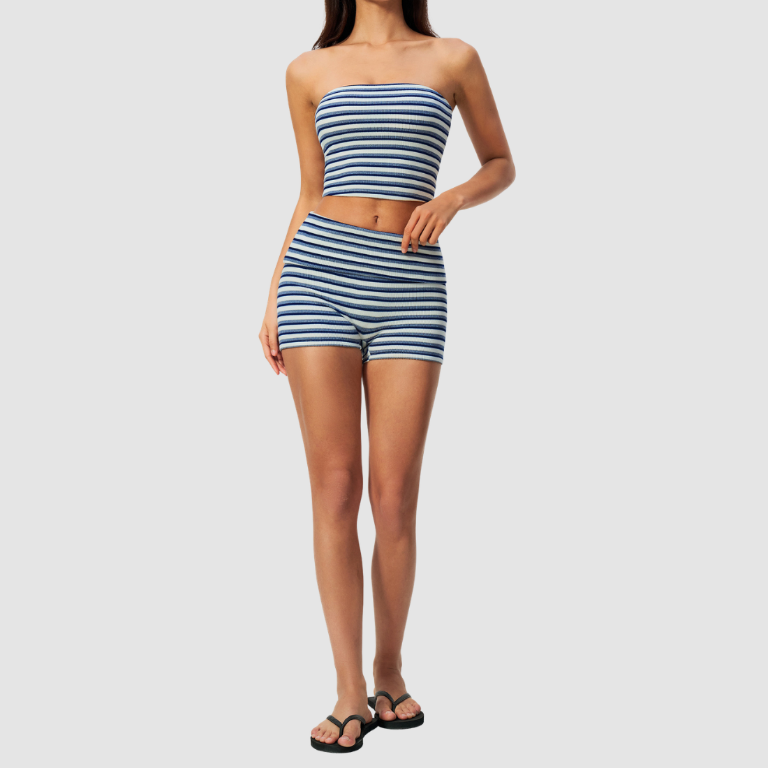 Wholesale Women's Stripe Bandeau Tank & Shorts Yoga Set