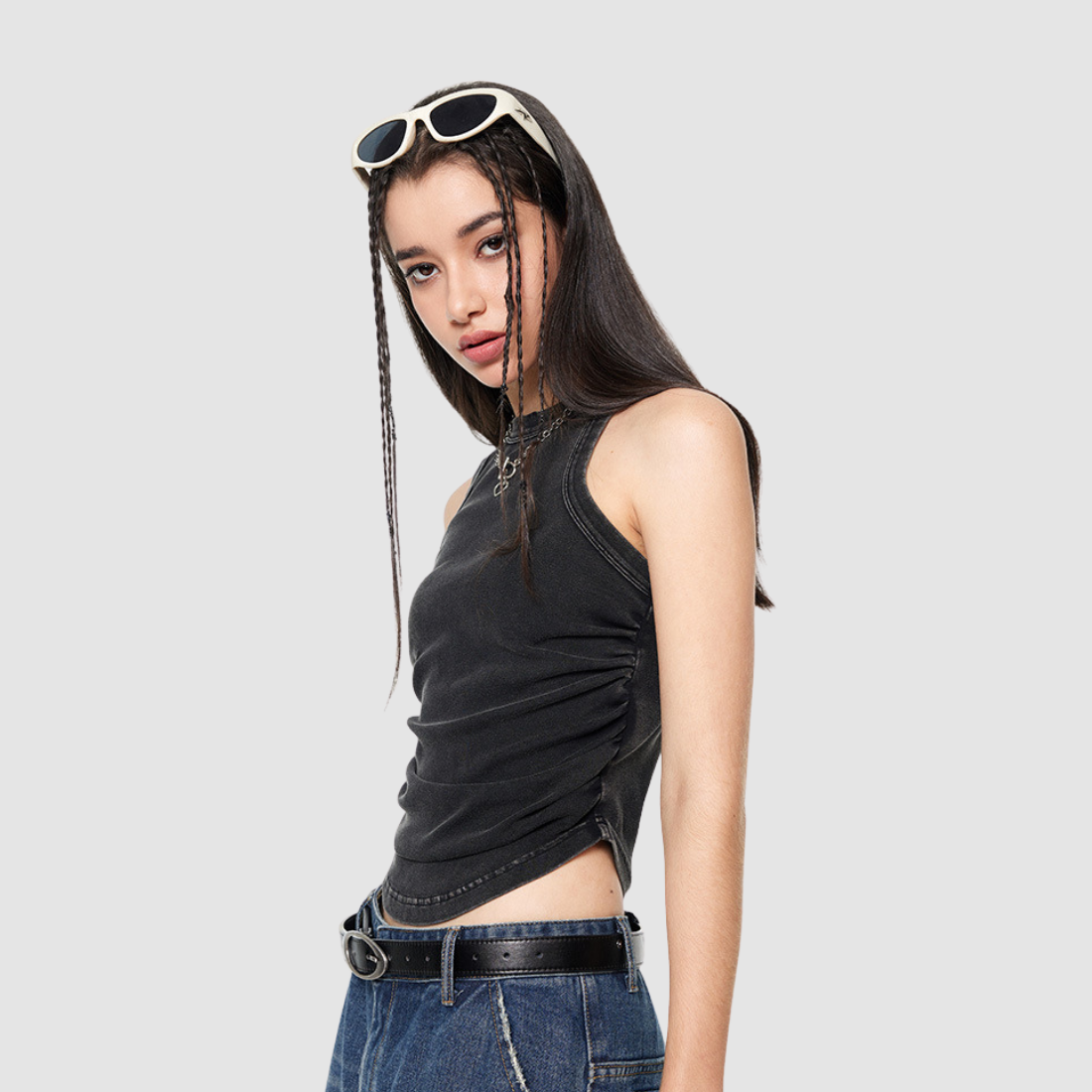 Wholesale Women’s Ruched Washed Tank – Cropped Cotton-Spandex Streetwear Top