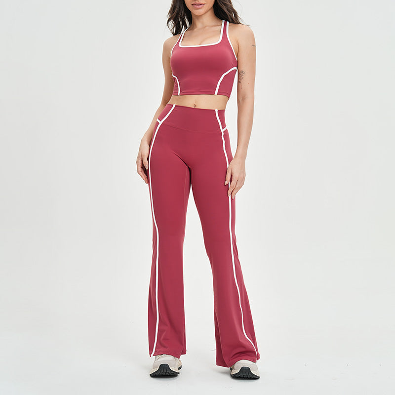 Women's contrasting color backless tank top + high-waisted flared pants 2-piece set