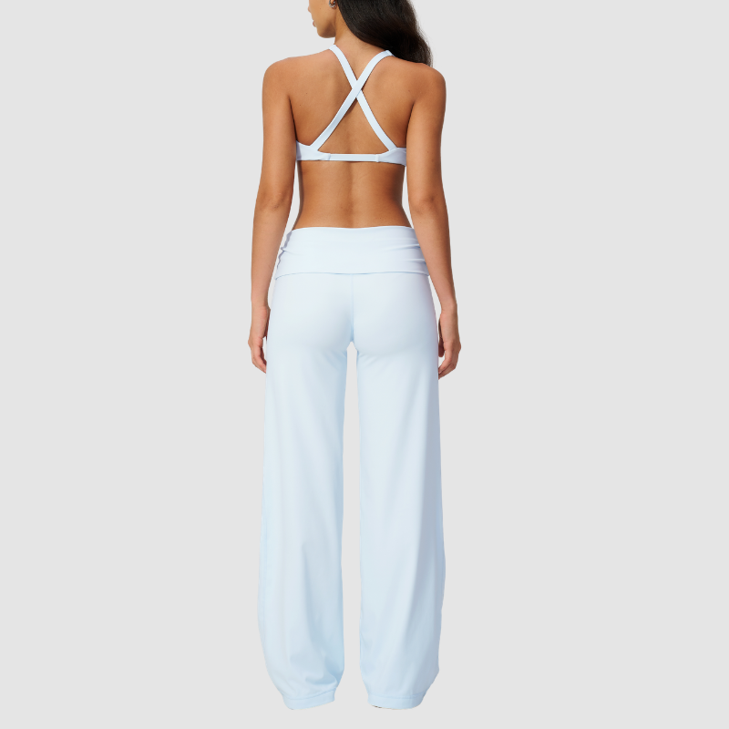 Wholesale Seam-Detail Sports Bra & Fold-up High-Waist Flare Leggings Set