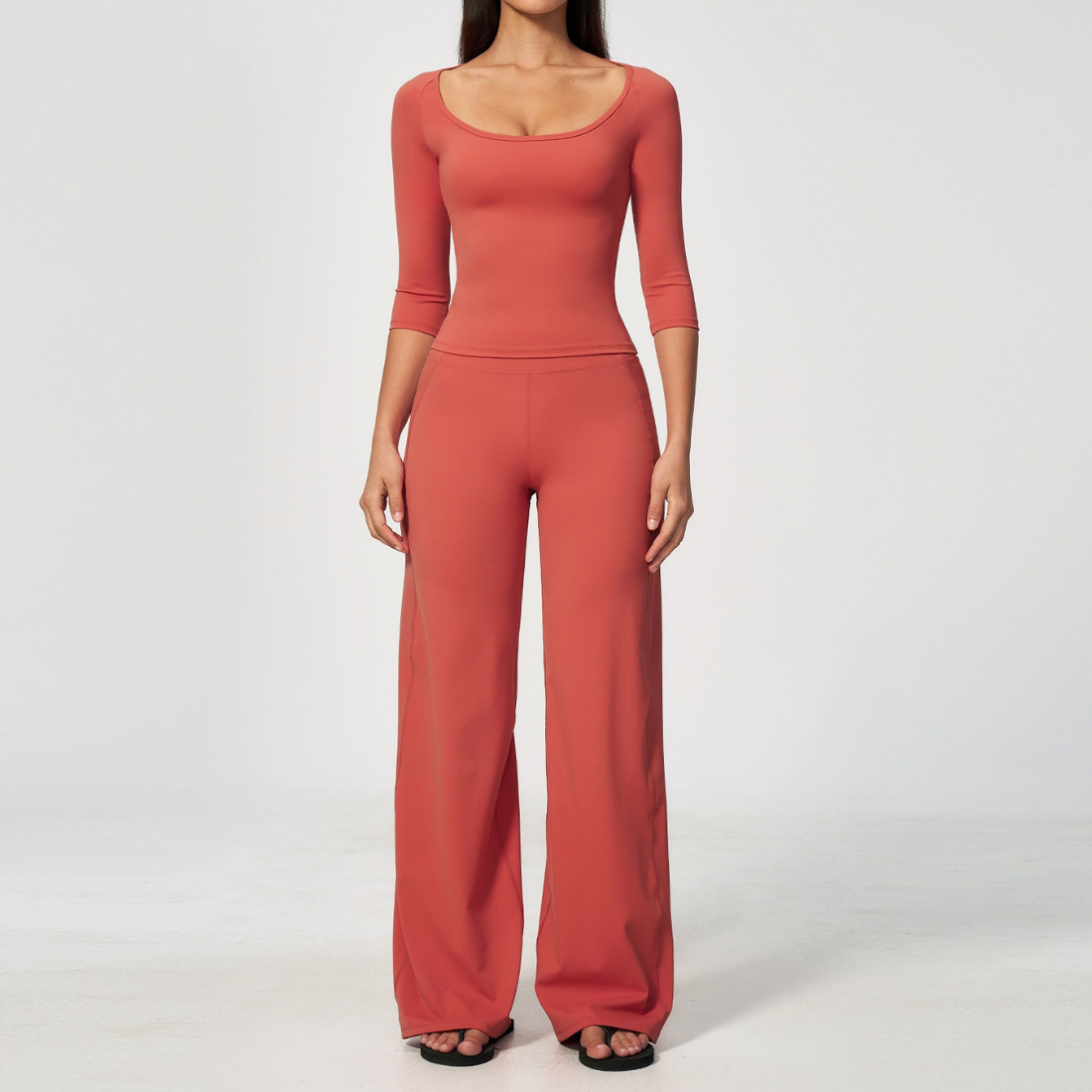 Wholesale Women's Round neck mid sleeve top+Hip lift Wide-Leg Yoga Set