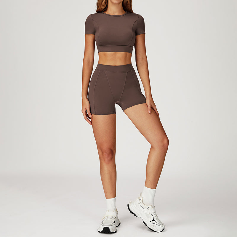 Round-neck short-sleeve high-waist fitted top+High-waist shorts 2-PIECE SET