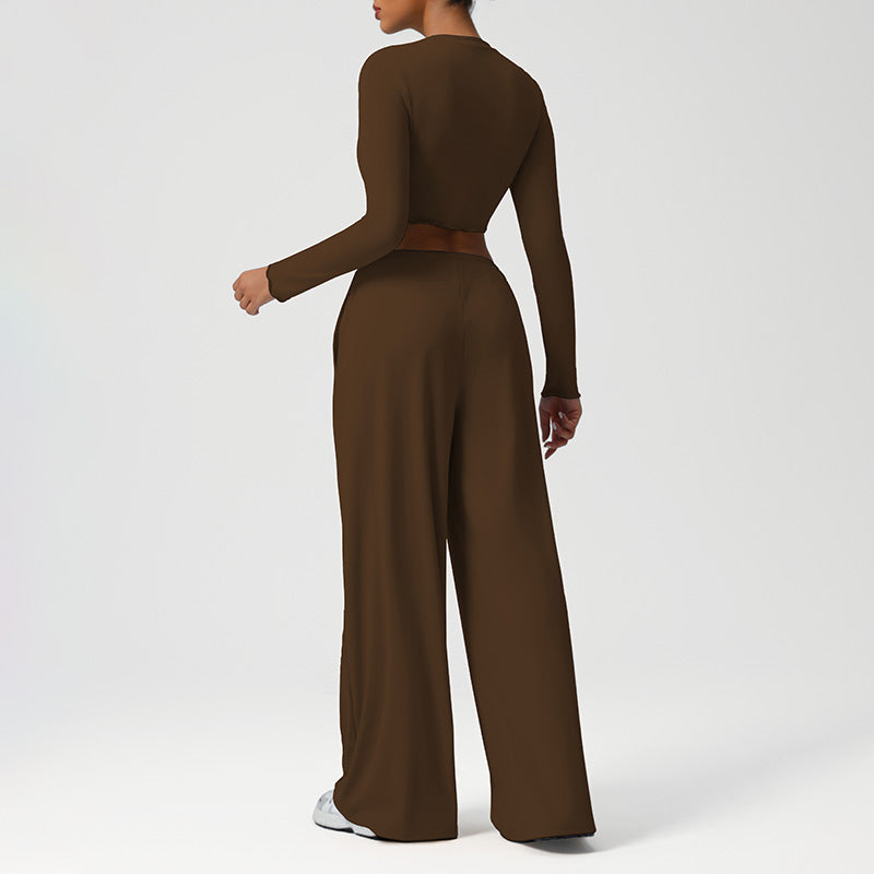 Snug-Fit Cropped Long Sleeves + Loose Drawstring Wide-Leg Pants 2-Piece Set