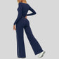 Color-blocked long-sleeved sports top+ High-waisted wide-leg pants 2-piece set