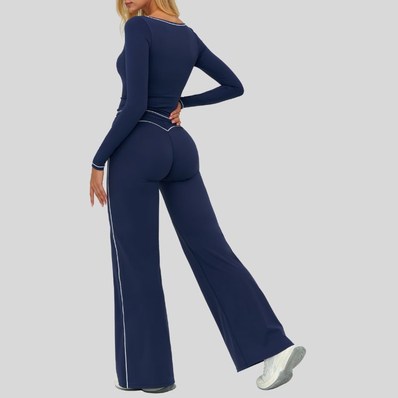 Color-blocked long-sleeved sports top+ High-waisted wide-leg pants 2-piece set