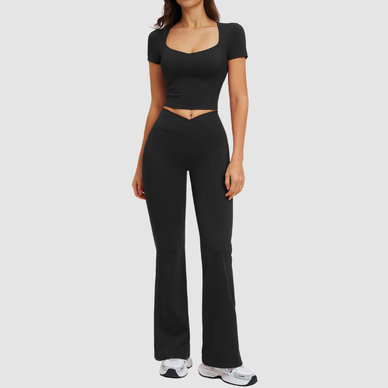 Wholesale square-neck crop top + high-waisted flared pants